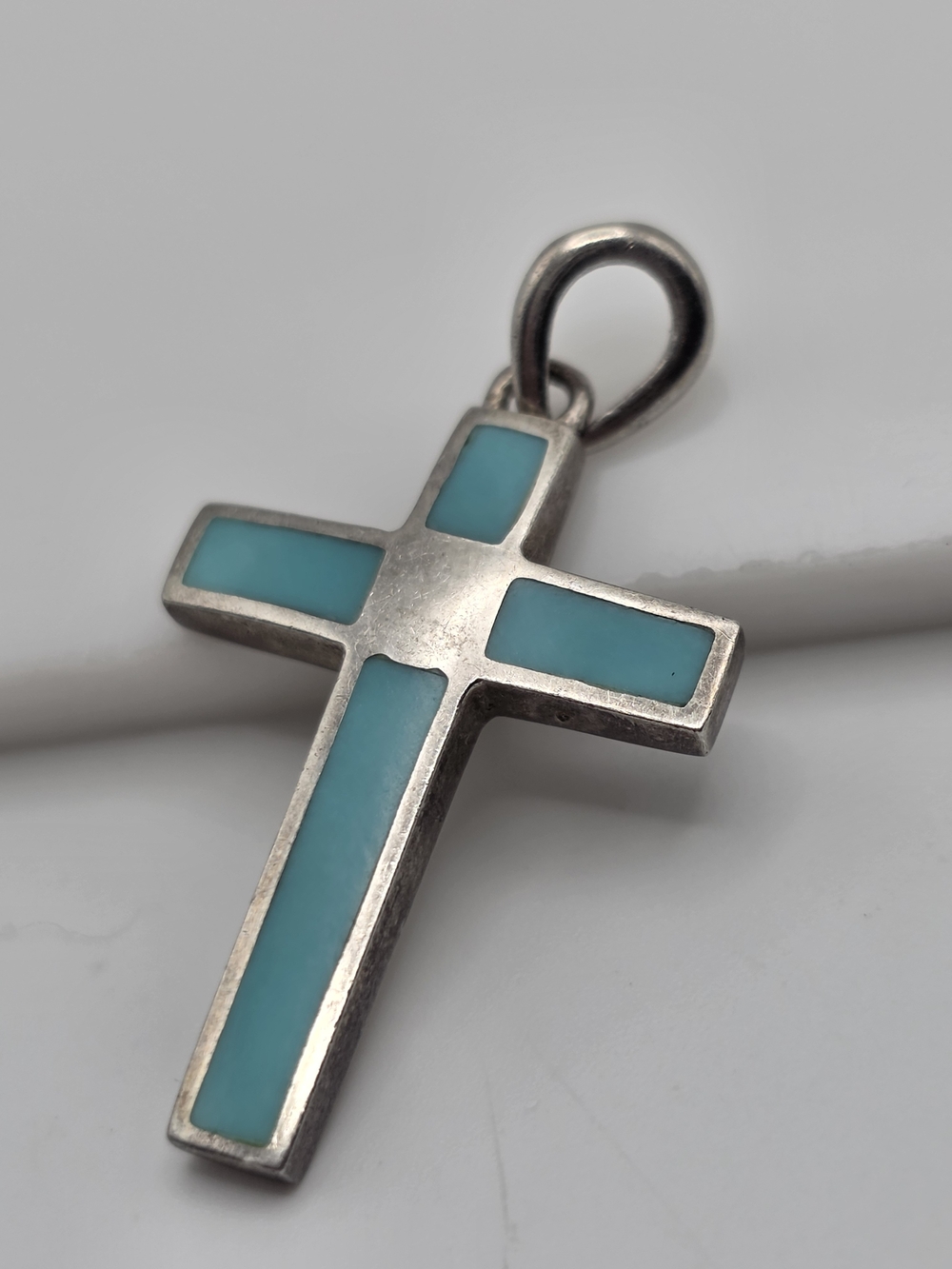 Turquoise Inlay Cross Pendant Sterling Silver 925 Signed Cross Pendant